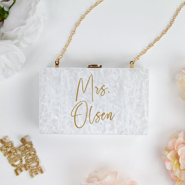 Custom Mrs. Last Name Clutch Bag, Marbled Acrylic Box Clutch Gifts, Wedding Clutch Bag, Bachelorette Clutch Purse, Personalized Clutch Bags