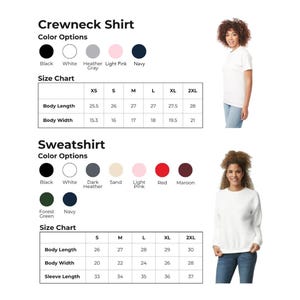a crew neck shirt with color options and a size chart, along with a sweatshirt with color options and a size chart. There are two women in the image, one wearing a crew neck shirt and the other wearing a sweatshirt.