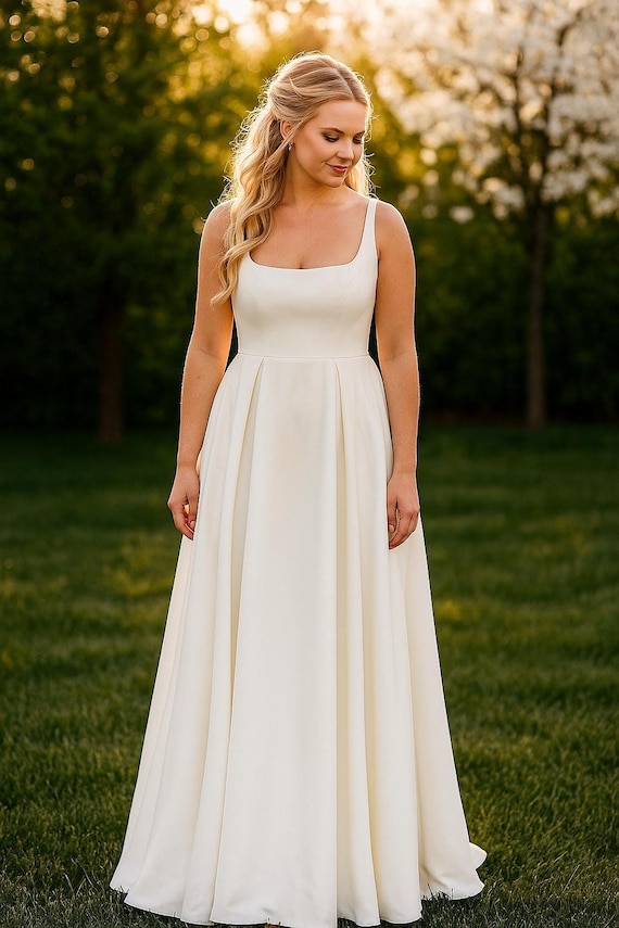 sachin and babi light blue dress Square Neckline Wedding Dress, Minimalist Gown, Classic Bridal Gown, Elegant Wedding Dress, Structured Wedding Dress, A-Line Wedding Dresses