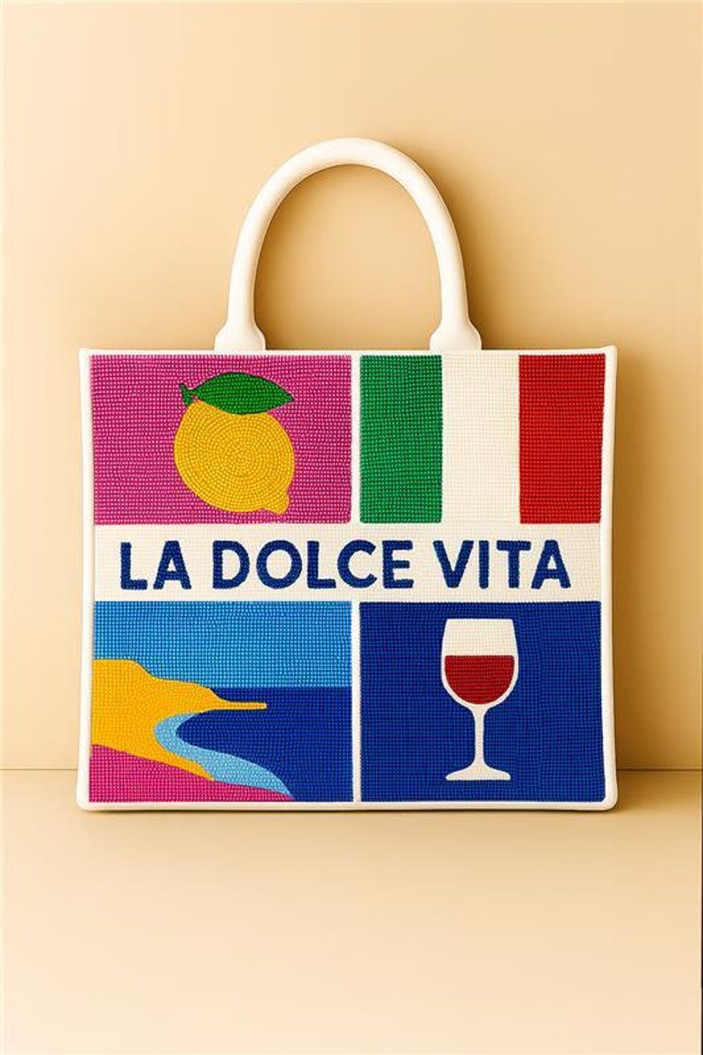 Lemon Tote, La Dolce Vita Bag, Floral Tote, Summer Handbag, Beaded Lemon Tote, Floral Handbag, Italian Bag, Handmade Tote, Tote Gift for Her Italy Inspired