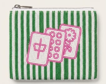 Green Stripe Mahjong Beaded Coin Purse, Handmade Tile Wallet, Mini Game Night Bag, Unique Coin Purses, Statement Fashion Accessory Small Bag