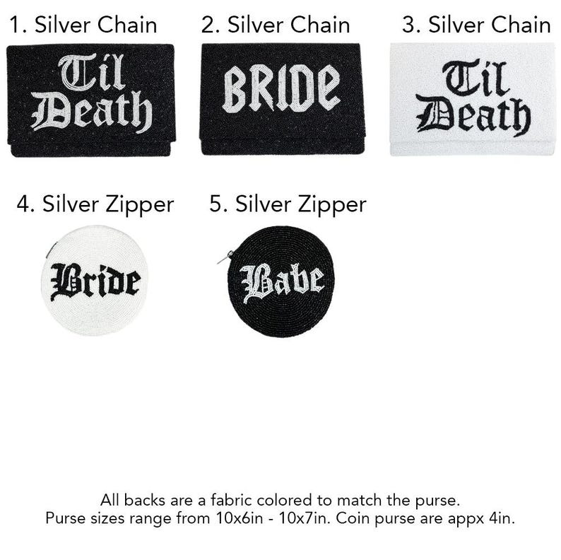 three fabric patches, each with a different design and color, that match the purse. The patches are labeled with the word "Silver Chain" and "Silver Chain" to indicate their purpose. The fabric patches are designed to match the purse in color and size, with purse sizes ranging from 10x6in to 10x7in. Coin purses are also available in sizes from 4x4in to 4x6in.