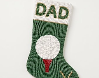 Personalized Beaded Christmas Stocking with Name, Golf Dad Christmas Stocking, Hand Beaded Green Golfer Holiday Mantle Decor