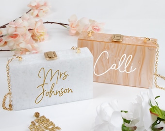 Personalized Acrylic Purse, Custom Mrs. Last Name Clutch, Custom Wedding Purse, Custom Bride Clutch, Custom Marbled Acrylic Clutch for Bride