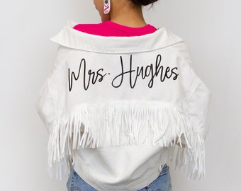 White Fringe Personalized Bride Denim Jacket, Custom Bride Jean Jacket, Custom Fringe Denim Jacket, Bachelorette Bride Denim Jacket, Jackets