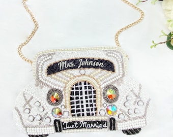Custom Just Married Car Clutch, Custom Bridal Clutch, Customized Wedding Bag, Personalized Wedding Bag, Custom Bride Bag, Custom Beaded Bags