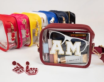 Bolsa transparente personalizada para shows, Bolsa transparente personalizada para estádio com patch, Bolsa transparente personalizada para estádio com alça, Bolsa transparente personalizada para estádio transversal