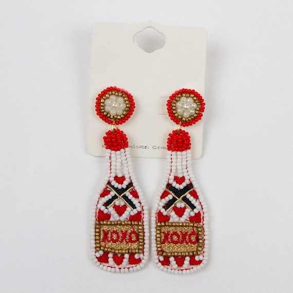 Champagne Bottle XOXO Beaded Earrings, Seed Bead Valentine's Day Earring  Gift, Beaded Earring Gifts, Bachelorette Party Beaded Earring Gifts