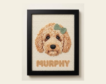 Custom Beaded Goldendoodle Wall Art with Pet Name, Framed Hand Embroidered Dog Portrait, Beaded Doodle Mom Gift, Personalized Pet Decor