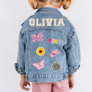 Blue Jacket Gift, Blue Jersey Letter Patch Kid's Denim Jacket with Patches, Custom Letter Patch Denim Jacket, Personalized Kids Jean Jacket