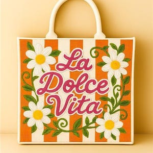 Lemon Tote, La Dolce Vita Bag, Floral Tote, Summer Handbag, Beaded Lemon Tote, Floral Handbag, Italian Bag, Handmade Tote, Tote Gift for Her Floral Stripes