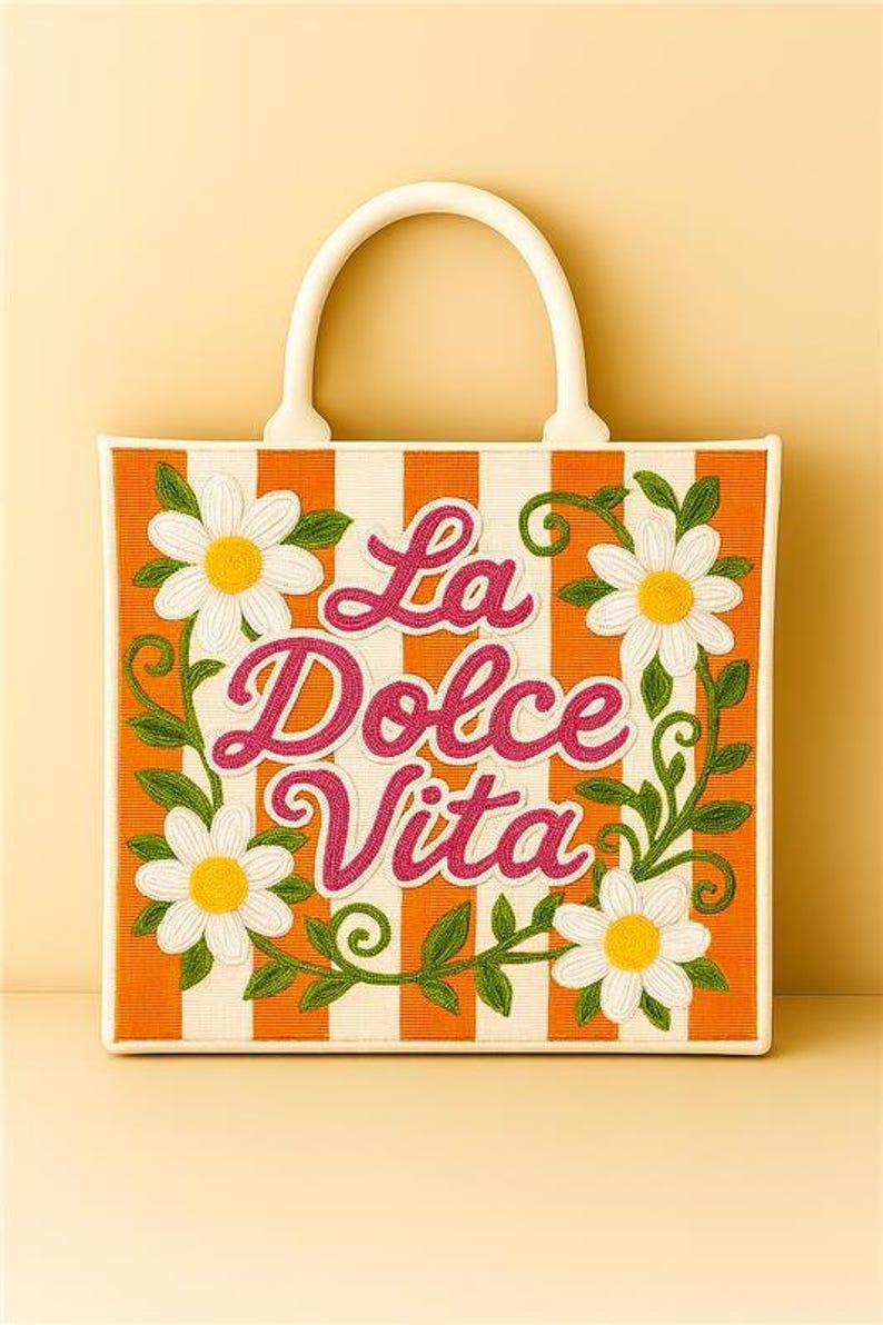 Lemon Tote, La Dolce Vita Bag, Floral Tote, Summer Handbag, Beaded Lemon Tote, Floral Handbag, Italian Bag, Handmade Tote, Tote Gift for Her Floral Stripes