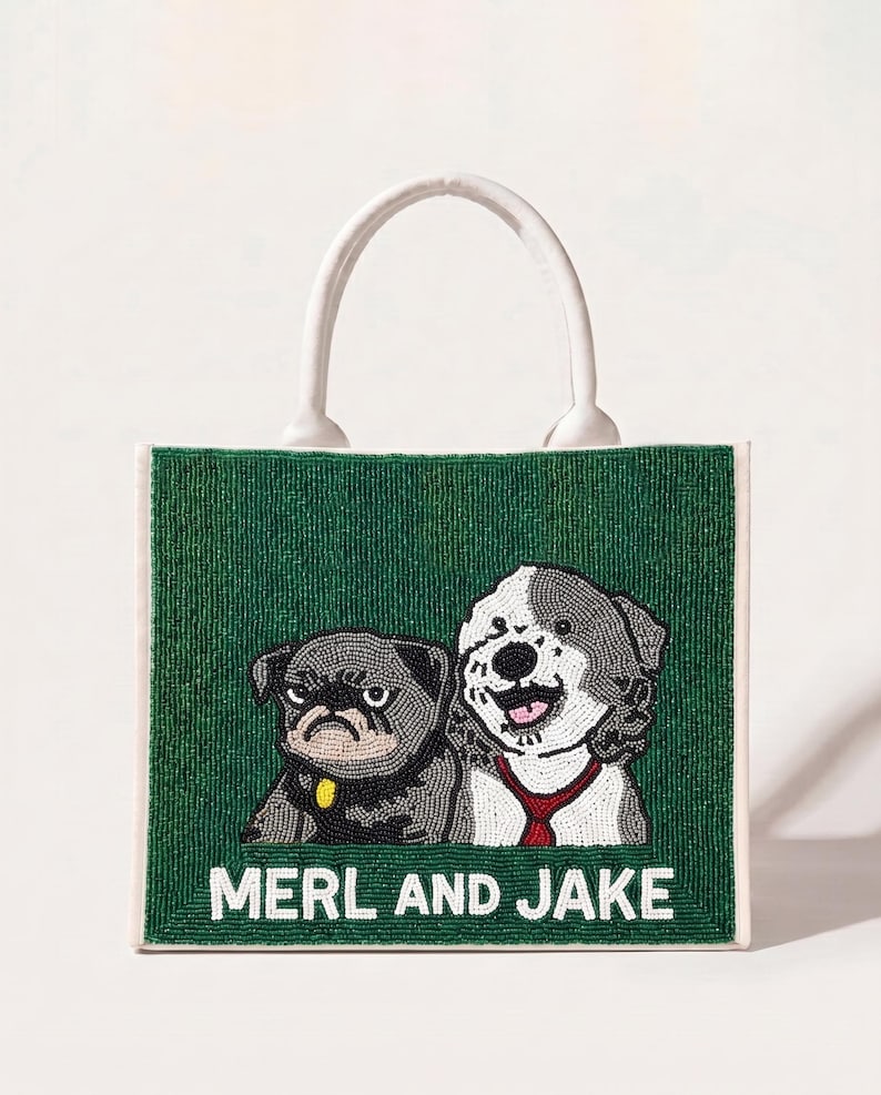 Borsa tote personalizzata con perline per animali domestici, borse tote personalizzate per cani, borse tote personalizzate per gatti con perline, borse tote con ritratti di animali domestici, borsa per animali domestici realizzata a mano con perline, borsa tote personalizzata per mamme di cani immagine 4