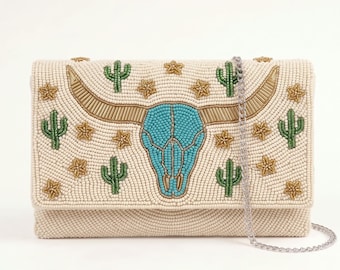 Longhorn Beaded Clutch Purse with Detachable Chain, Personalized Western Envelope Crossbody Bag, Southwestern Turquoise Cow Skull Handbag