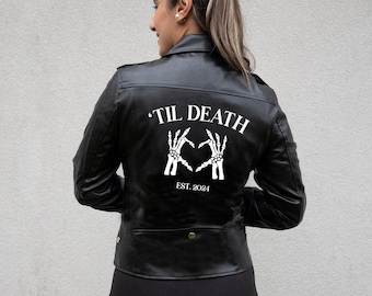 Bis zum Tod schwarze Kunstlederjacke, Junggesellinnenabschied Lederjacke, Lederjacke für Braut, schwarze Brautlederjacke, Brautgeschenk