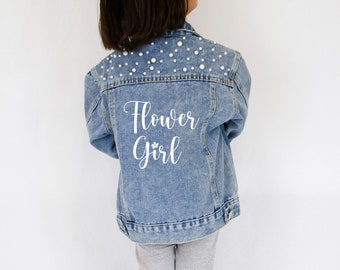 Blue Pearl Flower Girl Jacket, Flower Jean Jacket, Flower Girl Jackets, Personalized Wedding Denim Jacket, Custom Kid&#39;s Pearl Denim Jacket