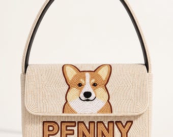Custom Pet Portrait Beaded Shoulder Bag, Personalized Dog Purse with Name, Hand Beaded Pet Lover Handbag, Custom Dog Mom Evening Bag