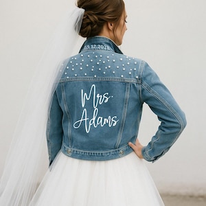 Blue Pearl Custom Bridal Denim Jacket, Bride Denim Jacket Mrs Last Name Denim Jacket, Personalized Mrs Denim Jacket, Custom Jean Jacket Gift