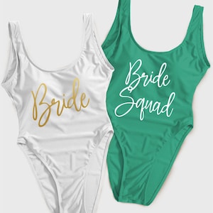 Bride & Bride Squad Bachelorette Swimsuit, Bachelorette Swimsuit, Bachelorette One-Piece, Bachelorette High Cut One-Piece Swimsuit