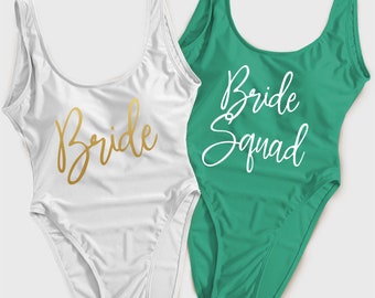 Braut & Braut Squad Bachelorette Badeanzug, Bachelorette Badeanzug, Bachelorette Einteiler, Bachelorette High Cut einteiliger Badeanzug
