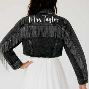 Black Fringe Custom Wedding Jacket, Custom Jean Jacket, Custom Denim Jacket, Custom Bridal Denim Jacket Gifts, Personalized Wedding Jackets