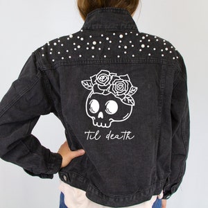 Black Pearl Personalized Bridal Denim Jacket, Bride Jean Jacket, Jean Jacket, Personalized Wedding Denim Jacket, Bride Jacket for Wedding