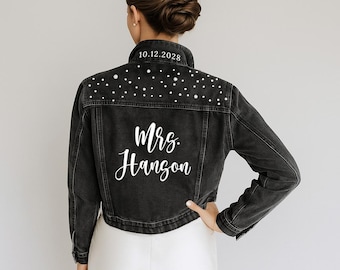Black Pearl Custom Mrs. Last Name Jean Jacket, Custom Denim Jacket, Bride Black Denim Jacket, Bridal Shower Denim Jackets, Wedding Jackets