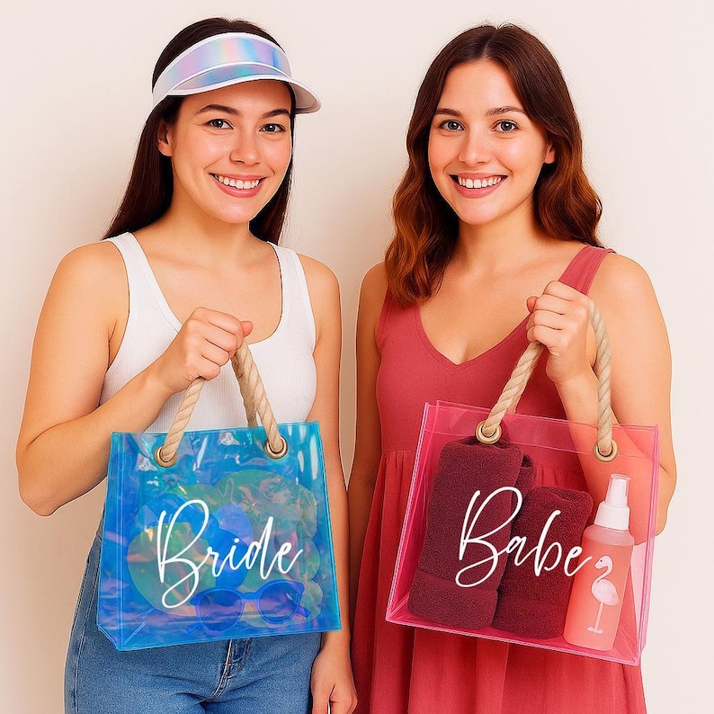Custom Clear Beach Tote Bag, Personalized Bridesmaid Gift, Reusable Party Favor, Transparent Bachelorette Totes, Bridesmaid Custom Tote Bags image 3