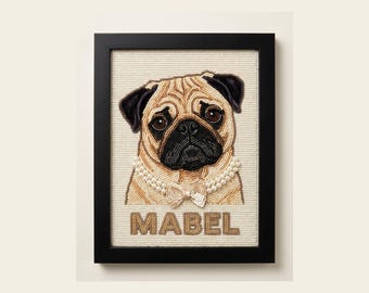 Personalized Pug Beaded Wall Art, Custom Framed Dog Portrait with Pearl Collar, Hand Embroidered Pet Memorial Gift