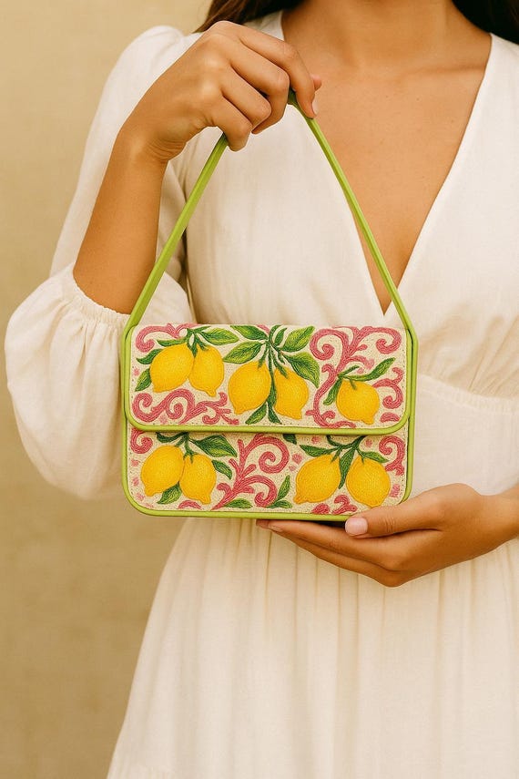 Lemon Shoulder Bag, Citrus Print Purse, Fruit Shoulder Bag, Yellow