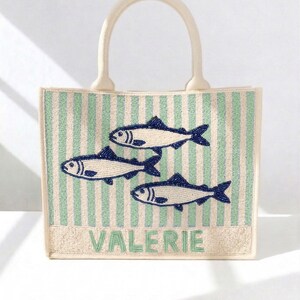 Sardine Beaded Tote, Minimal Fish Tote, Blue Stripe Tote, Mint Sardine Bag, Coastal Minimal Tote, Fish Design Tote, Beaded Summer Beach Tote image 1