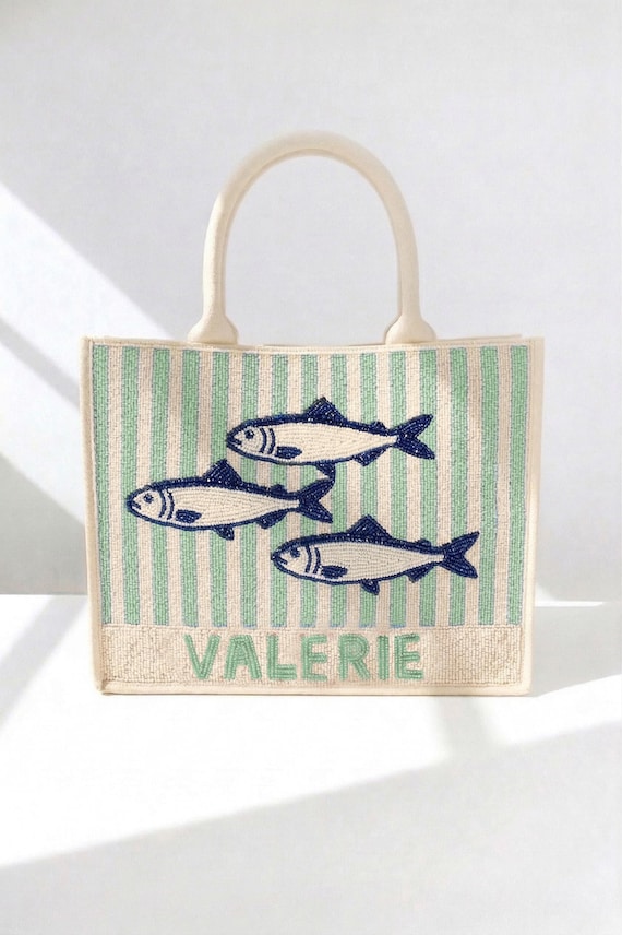 Sardine Beaded Tote, Minimal Fish Tote, Blue Stripe Tote, Mint Sardine Bag, Coastal Minimal Tote, Fish Design Tote, Beaded Summer Beach Tote
