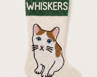 Personalized Beaded Cat Christmas Stocking with Name, Custom Pet Holiday Stocking Hand Beaded with Bell, Orange Tabby Cat Stocking