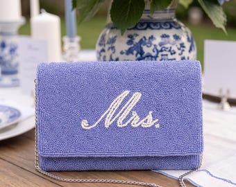Personalized Bridal Clutch, Custom Bride Purse, Mrs Beaded Clutch, Wedding Reception Bag, Personalized Wedding Bag, Bride Evening Bag (HHFC)