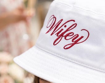 Wifey Embroidered Bucket Hat Red Script White Newlywed Hat Wife Gift Honeymoon Accessory Bridal Shower Bachelorette Party Gift Ideas for Her