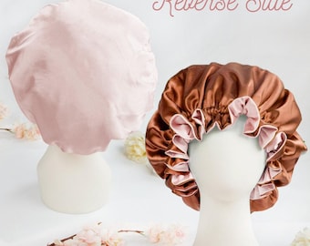 女性用リバーシブルサテンボンネット、女性用スリープボンネット、カーリーヘアボンネット、サテンナチュラルヘアボンネット、ダブルレイヤーシルキーサテンボンネット
