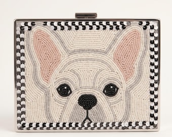 French Bulldog Beaded Clutch Purse, Custom Pet Portrait Evening Bag, Dog Mom Hand Beaded Handbag with Monogram or Date, Dog Lover Gift