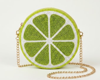 Lime Geldbörse, Perlen Limette Tasche, Perlen Zitrus Geldbörse Geschenk, Handgemachte Perlen Obst Tasche, Sommer Limette Crossbody Tasche, Grüne Statement Clutch Tasche Geschenk