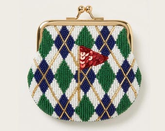 Custom Beaded Golf Coin Purse, Personalized Argyle Kiss Lock Pouch, Hand Beaded Golf Flag Wallet, Ladies Golf Tee Gift