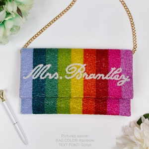 Pride Rainbow Mrs. Clutch Bag, LGBTQ Bride Clutch Purse, Mrs Last Name Beaded Clutch Bag, Custom Seed Bead Clutch, Personalized Clutch LHFC image 1