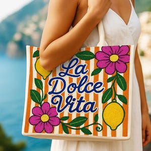 Lemon Tote, La Dolce Vita Bag, Floral Tote, Summer Handbag, Beaded Lemon Tote, Floral Handbag, Italian Bag, Handmade Tote, Tote Gift for Her image 2