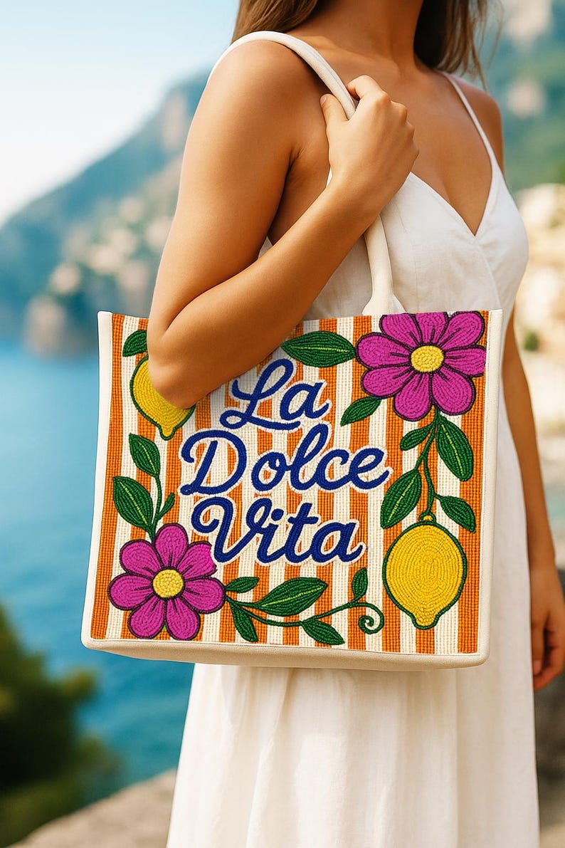 Lemon Tote, La Dolce Vita Bag, Floral Tote, Summer Handbag, Beaded Lemon Tote, Floral Handbag, Italian Bag, Handmade Tote, Tote Gift for Her image 2