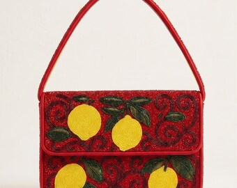 Lemon Shoulder Bag, Citrus Beaded Purse, Fruit Design Handbags