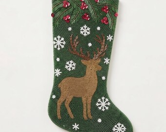 Personalized Beaded Christmas Stocking with Name, Woodland Deer Stag Heirloom Holiday Mantle Decor, Forest Green Hand Beaded