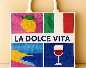 Draagtas Italië, draagtas Italiaanse vlag, draagtas citroen, draagtas wijnglas, draagtas La Dolce Vita, draagtas Italiaanse stijl, draagtas Italië met kralen, reistas, draagtas Italië