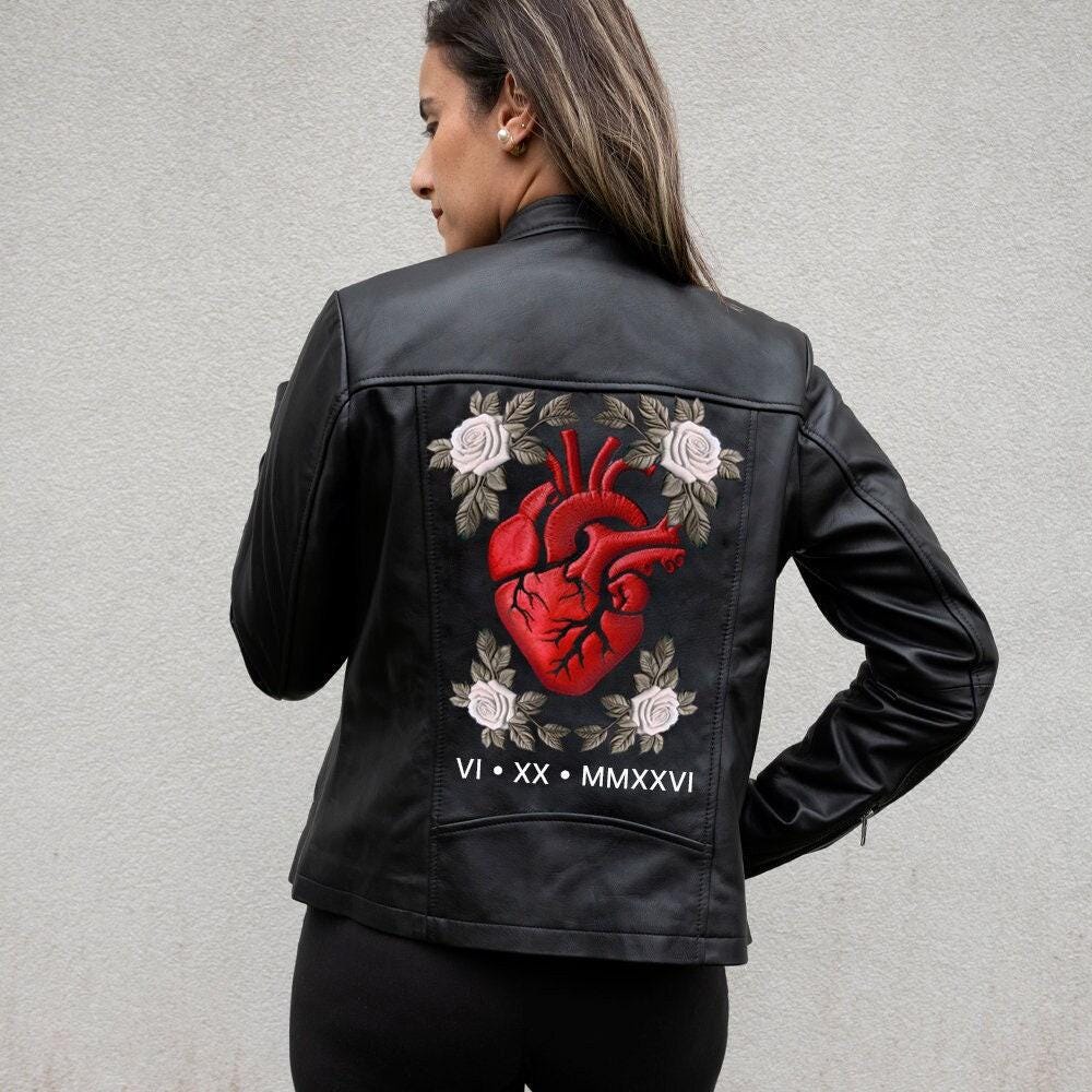 Embroidered Heart Leather Jacket, Heart Design Leather Jacket