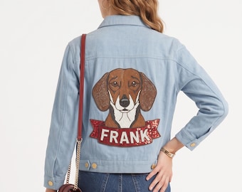 Custom Beaded Pet Portrait Denim Jacket with Name Banner, Personalized Dog Jean Jacket, Hand Beaded Dachshund Jacket Gift for Dog Mom