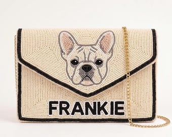 Custom Pet Portrait Beaded Clutch, Personalized Dog Name Hand Beaded Envelope Purse with Crossbody Chain, French Bulldog Bag Gift