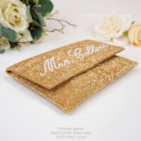 Custom Mrs Last Name Beaded Clutch Bag, Personalized Mrs Seed Bead