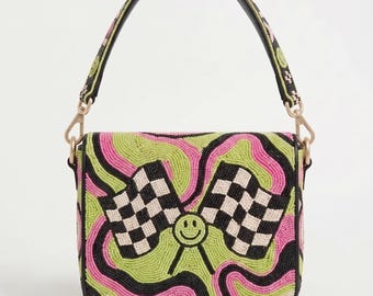 Smiley Checkered Flag Beaded Shoulder Bag, Pink Green Racing Purse, Retro Race Day Handbag, Motorsport Crossbody Bag, Fun Fan Gift, Fan Bags